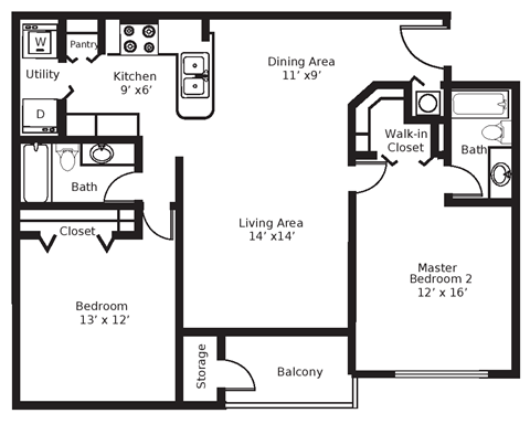 Floor plan for 2 beds, 2 baths, 1246 sqft